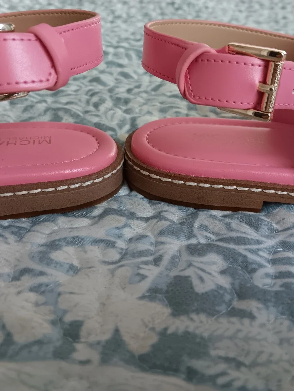 Michael Kors Pink Leather Toe-Post Slingbacks with Gold MK Emblem